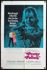 4y706 PRETTY POISON style B 1sh '68 Anthony Perkins & crazy Tuesday Weld w/revolver!