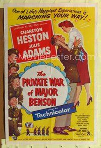 4y709 PRIVATE WAR OF MAJOR BENSON 1sh '55 Charlton Heston, Julie Adams, little soldiers!
