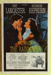 4y714 RAINMAKER 1sh '56 great Burt Lancaster & Katharine Hepburn romantic close up!
