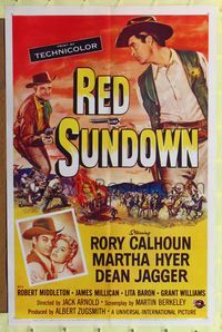4y718 RED SUNDOWN 1sh '56 great western art of Rory Calhoun, Martha Hyer & Dean Jagger!