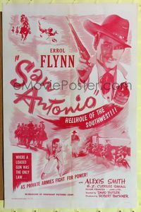 4y751 SAN ANTONIO 1sh R56 great action art of Errol Flynn in the hellhole of the southwest!