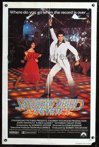 4y755 SATURDAY NIGHT FEVER 1sh '77 best image of disco dancer John Travolta on the floor!