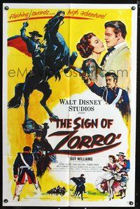4y779 SIGN OF ZORRO 1sh '60 Walt Disney, cool romantic action art of masked hero Guy Williams!