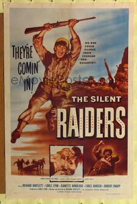 4y780 SILENT RAIDERS 1sh '54 Richard Bartlett running with rifle over head, they're comin' in!