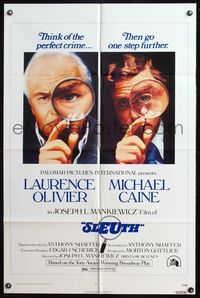 4y785 SLEUTH 1sh '72 Laurence Olivier & Michael Caine with magnifying glasses!