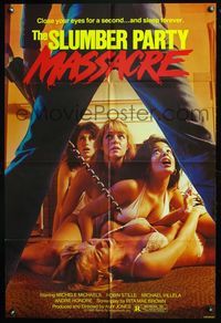 4y788 SLUMBER PARTY MASSACRE 1sh '82 killer stares down four sexy barely-dressed girls on floor!
