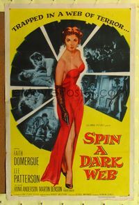 4y807 SPIN A DARK WEB 1sh '56 film noir art of sexy full length Faith Domergue with gun!