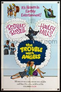 4y908 TROUBLE WITH ANGELS 1sh '66 art of Hayley Mills & nun Rosalind Russell on bicycle!