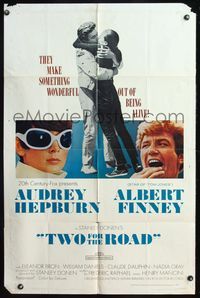 4y916 TWO FOR THE ROAD 1sh '67 Audrey Hepburn & Albert Finney embrace, directed by Stanley Donen!