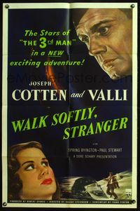 4y942 WALK SOFTLY STRANGER 1sh '50 Robert Stevenson directed, art of Joseph Cotten & pretty Valli!