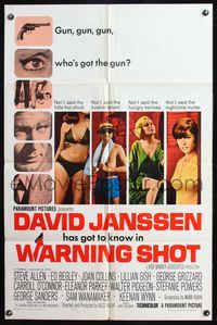 4y954 WARNING SHOT 1sh '66 David Janssen, Joan Collins, sexy girls, who's got the gun?
