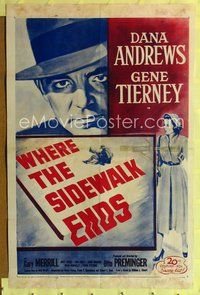 4y967 WHERE THE SIDEWALK ENDS 1sh R55 art of Dana Andrews, Gene Tierney, Otto Preminger noir!