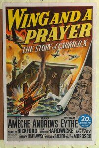 4y973 WING & A PRAYER 1sh '44 Don Ameche, Dana Andrews, really cool WWII naval battle art!