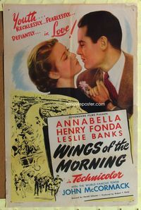 4y975 WINGS OF THE MORNING 1sh R46 great romantic art of Henry Fonda & Annabella!