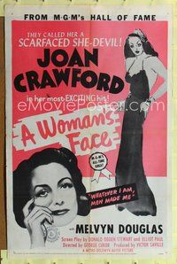 4y984 WOMAN'S FACE 1sh R54 George Cukor, Joan Crawford, they called her a scarfaced she-devil!