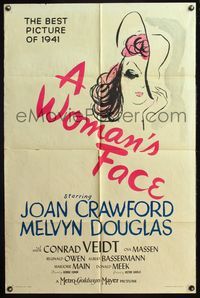 4y983 WOMAN'S FACE 1sh '41 cool artwork of Joan Crawford covering face w/hat, Best Picture of 1941!