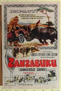 4y996 ZANZABUKU 1sh '56 Dangerous Safari in savage Africa, art of rhino ramming jeep!