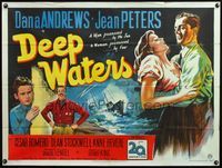 4z111 DEEP WATERS British quad '48 art of Dana Andrews holding sexy Jean Peters!