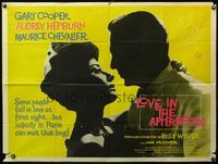 4z244 LOVE IN THE AFTERNOON British quad '57 great different c/u of Gary Cooper & Audrey Hepburn!
