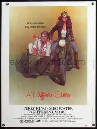 5a465 DIFFERENT STORY 30x40 '78 art of Meg Foster on motorcycle & Perry King in sidecar by Obrero!