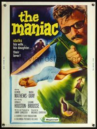 5a586 MANIAC 30x40 '63 Kerwin Mathews, Hammer, he stalks his wife, his daughter, their lover!