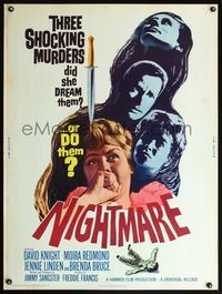 5a613 NIGHTMARE 30x40 '64 David Knight & Moira Redmond in English Hammer horror!