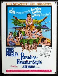 5a631 PARADISE - HAWAIIAN STYLE 30x40 '66 Elvis Presley on the beach with sexy tropical babes!