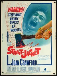 5a708 STRAIT-JACKET 30x40 '64 art of crazy ax murderer Joan Crawford, William Castle directed!