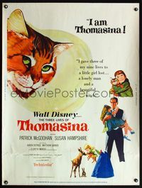 5a735 THREE LIVES OF THOMASINA 30x40 '64 Walt Disney, great art of smiling cat!