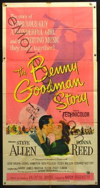 5b103 BENNY GOODMAN STORY 3sh '56 Steve Allen as Goodman, Donna Reed, Gene Krupa, Reynold Brown art