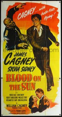 5b112 BLOOD ON THE SUN 3sh '45 great artwork of James Cagney punching, plus sexy Sylvia Sidney!