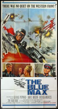 5b113 BLUE MAX 3sh '66 great artwork of WWI fighter pilot George Peppard in airplane!
