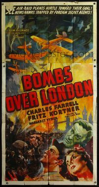 5b115 BOMBS OVER LONDON 3sh '37 artwork of large crowd watching bombers fly overhead!