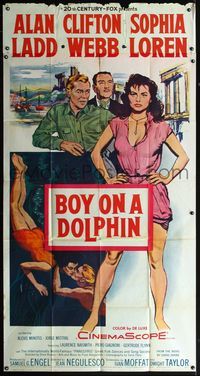 5b120 BOY ON A DOLPHIN 3sh '57 art of Alan Ladd & full-length Sophia Loren & swimming underwater!