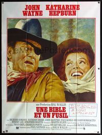 5c167 ROOSTER COGBURN French 1p '75 great art of John Wayne w/eyepatch & Katharine Hepburn!