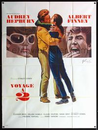 5c186 TWO FOR THE ROAD French 1p '67 art of Audrey Hepburn & Finney embracing by Grinsson, Donen