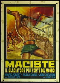 5c372 COLOSSUS OF THE ARENA Italian 1p R67 cool art of Mark Forest as Maciste with trident!