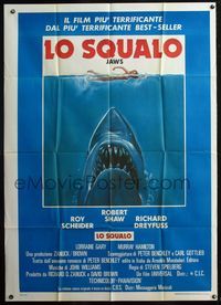 5c471 JAWS Italian 1p R70s art of Spielberg's classic man-eating shark attacking sexy swimmer!