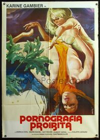 5c540 PORNOGRAFIA PROIRITA Italian 1p '77 wild Mafe artwork of near-naked woman choking another!