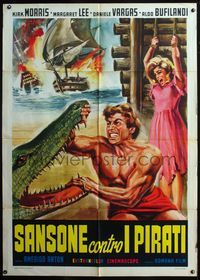 5c559 SAMSON AGAINST THE PIRATES Italian 1p '63 art of Kirk Morris fighting alligator w/bare hands!