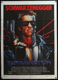 5c608 TERMINATOR Italian 1p '85 super close up of most classic cyborg Arnold Schwarzenegger w/gun!