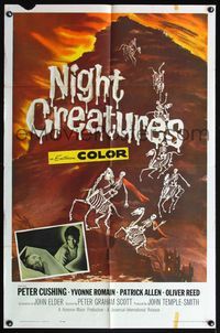 5d523 NIGHT CREATURES 1sh '62 Hammer, great horror art of skeletons riding skeleton horses!