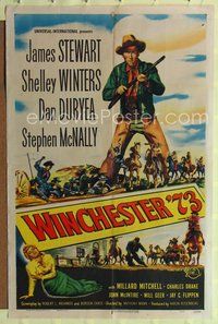 5d958 WINCHESTER '73 1sh '50 art of James Stewart with rifle standing over Shelley Winters!