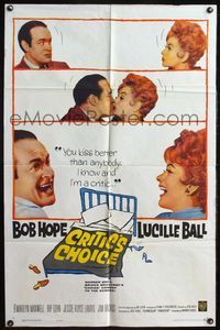 5e169 CRITIC'S CHOICE 1sh '63 Bob Hope kissing Lucille Ball & laughing!