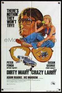 5e193 DIRTY MARY CRAZY LARRY 1sh '74 art of Peter Fonda & sexy Susan George sucking on popsicle!