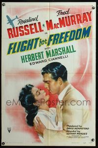 5e260 FLIGHT FOR FREEDOM style A 1sh '43 romantic artwork of Rosalind Russell & Fred MacMurray!