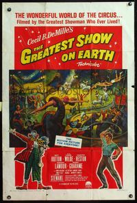 5e312 GREATEST SHOW ON EARTH style A 1sh R61 Cecil B. DeMille circus classic, Charlton Heston!