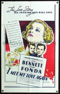 5e346 I MET MY LOVE AGAIN 1sh R40s close up artwork of Joan Bennett & Henry Fonda!