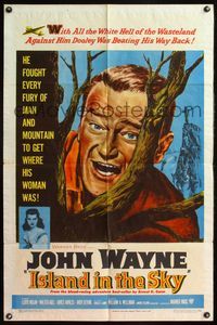 5e361 ISLAND IN THE SKY 1sh '53 William Wellman, close up art of big John Wayne in tree!