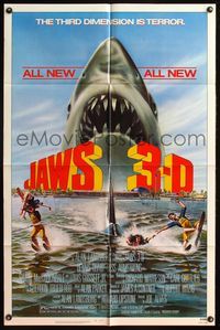 5e370 JAWS 3-D 1sh '83 great Gary Meyer shark artwork, the third dimension is terror!